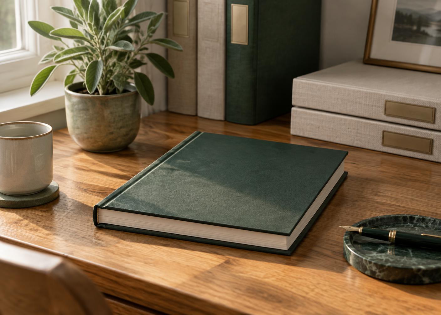 A bound procedure manual on an oak desk